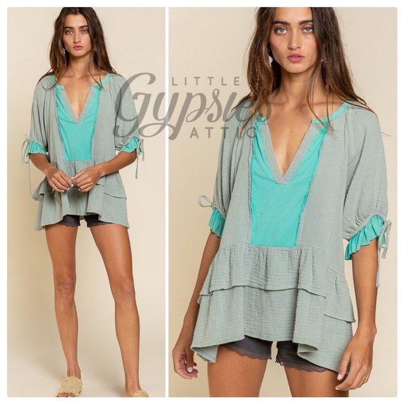 POL Emerald Sage Bohemian Tunic Top - Picture 5 of 14